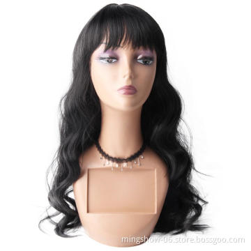 cheapest long black body wave premium synthetic hair wig with bangs